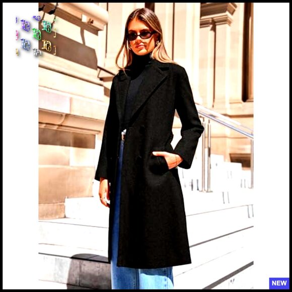 Wool Pea Coat Double Breasted Long Overcoat Trench Classic Elegant Winter - Picture 4 of 7